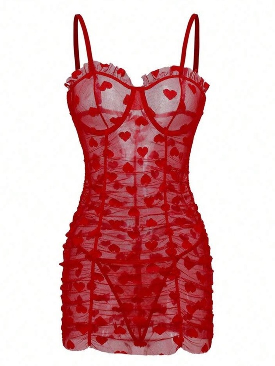 Other - Heart Mesh Frill Trim Underwire Lingerie Mini Dress Red Large